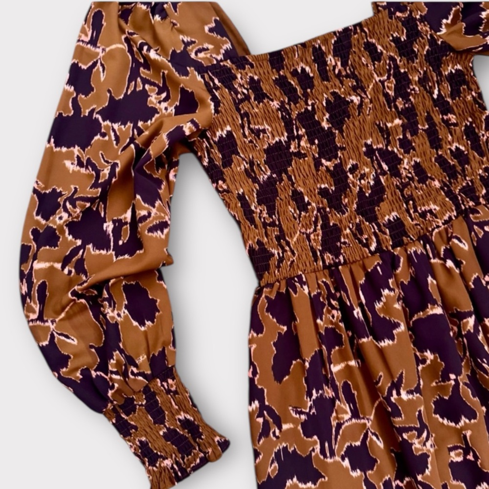 Women’s Nine West Long Sleeve Square Neck Brown Vine Floral MIDI Dress Size Lg